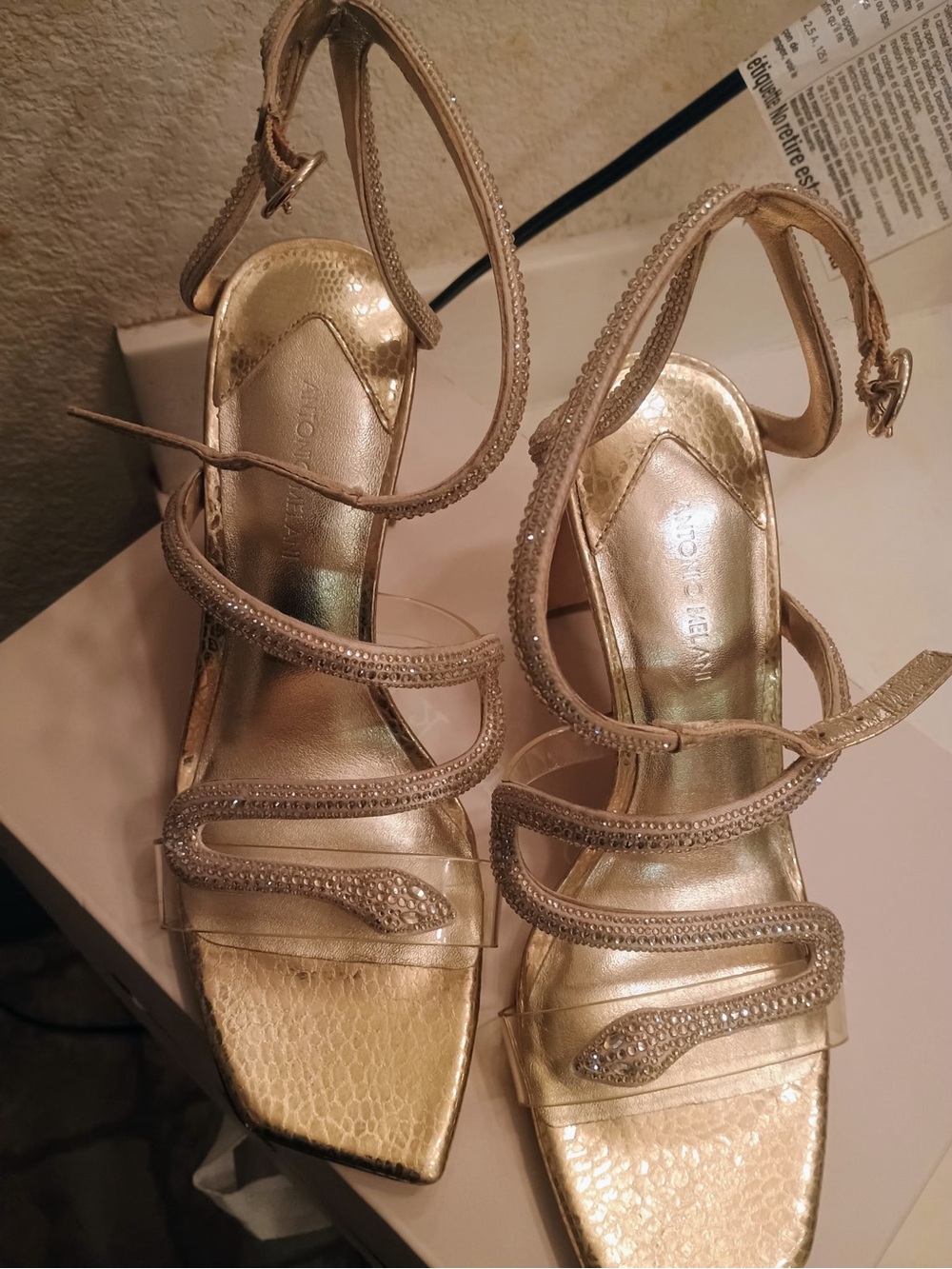 Antonio Melani Ninna heels in glimmer gold, featuring a unique rhinestone-embell